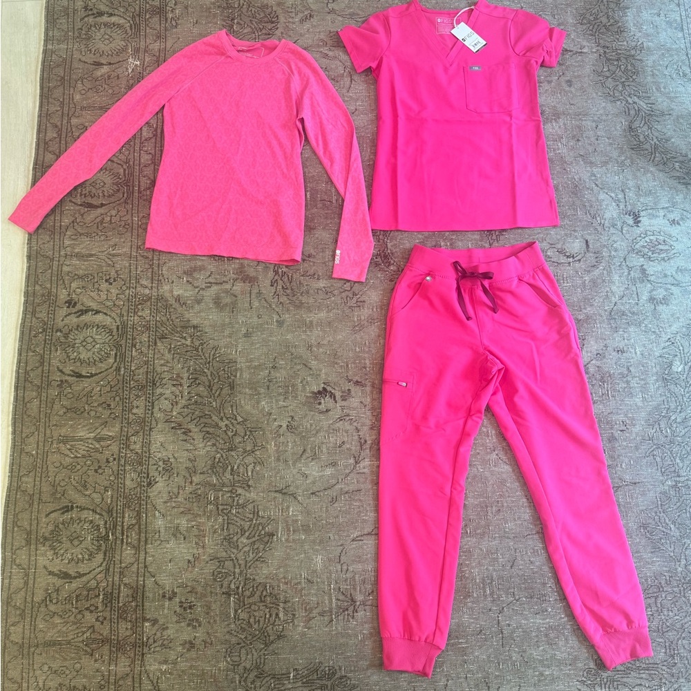 NWT FIGS Barbie XS Shocking Pink 3-Pc Scrub set